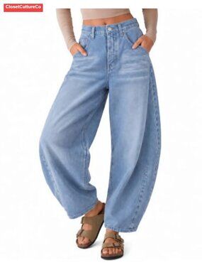 Women's Barrel Jeans Baggy High Waisted Wide Leg Stretch Denim Pants